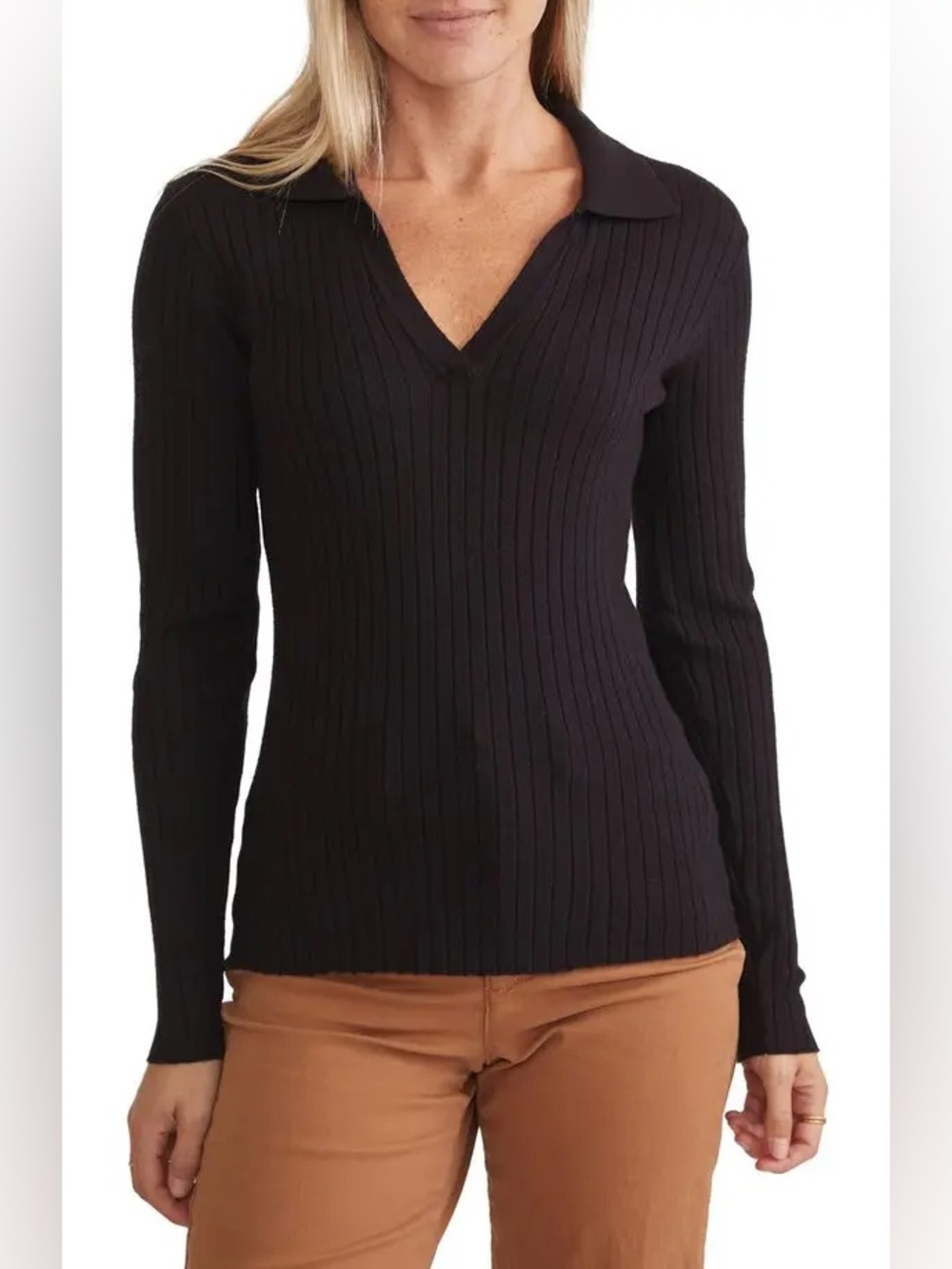 Marine Layer Deserae Rib Long Sleeve Polo in Black Size Small